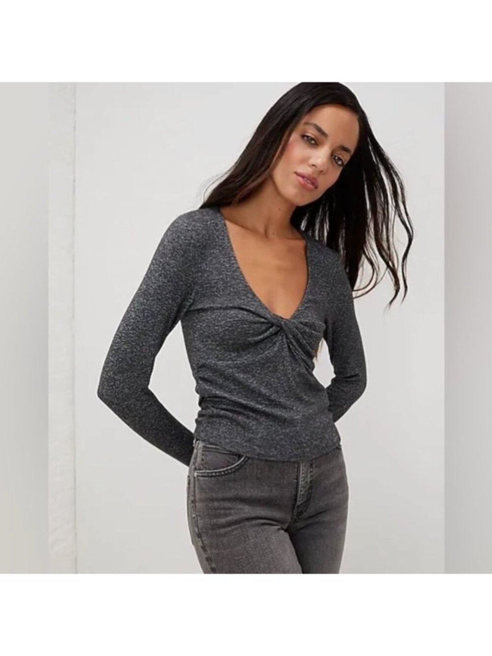 UpWest Heathered Gray Long Sleeve Soft Knit Twist Top L